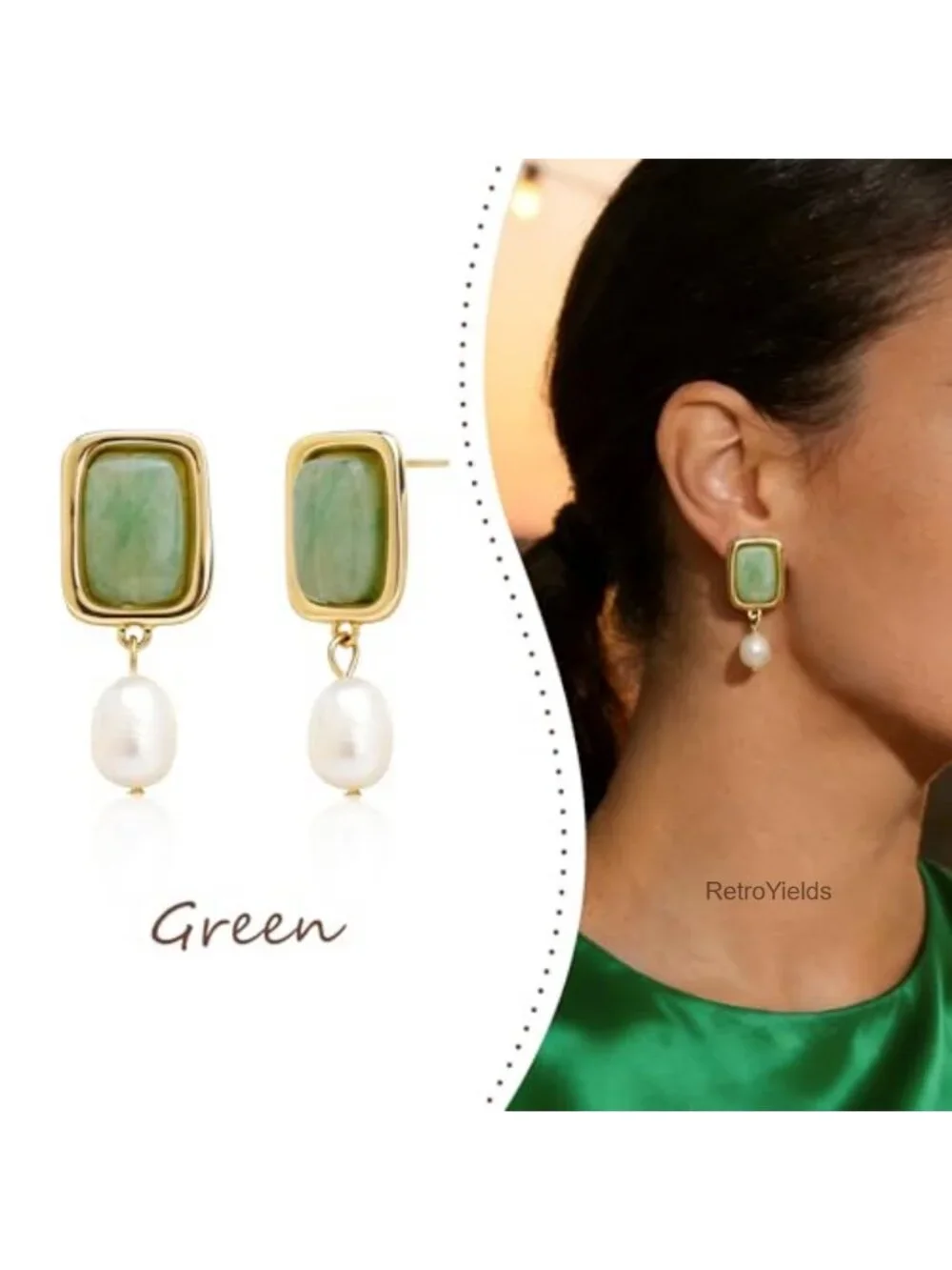Chunky Green Dangle Drop Earrings Aventurine Pearl Statement Jewelry Gift